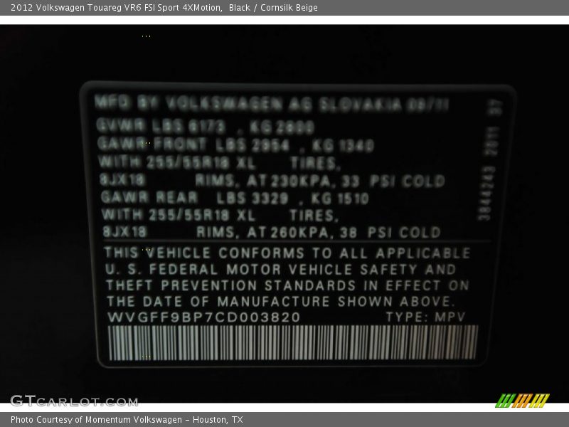 Black / Cornsilk Beige 2012 Volkswagen Touareg VR6 FSI Sport 4XMotion