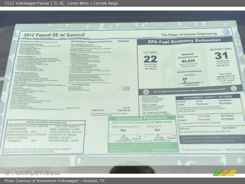 Candy White / Cornsilk Beige 2012 Volkswagen Passat 2.5L SE