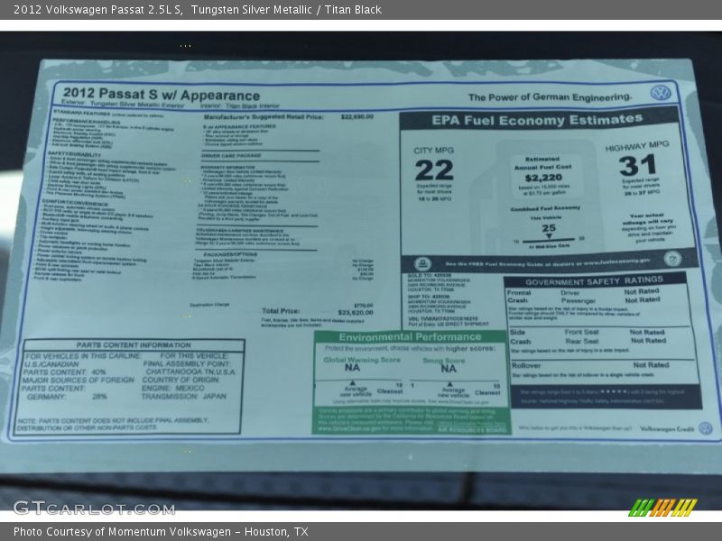 Tungsten Silver Metallic / Titan Black 2012 Volkswagen Passat 2.5L S