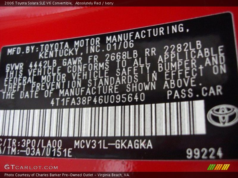 Absolutely Red / Ivory 2006 Toyota Solara SLE V6 Convertible