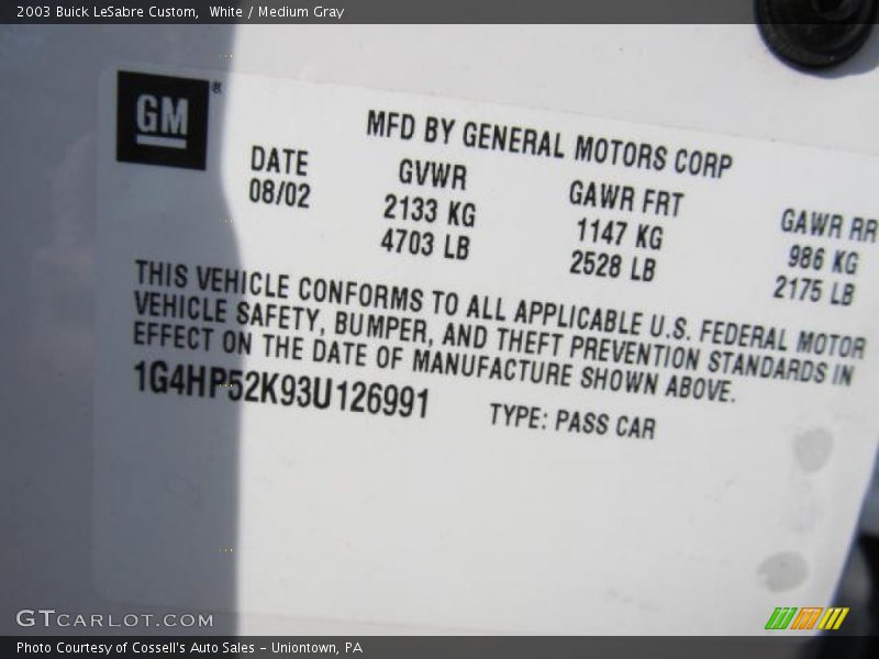 White / Medium Gray 2003 Buick LeSabre Custom