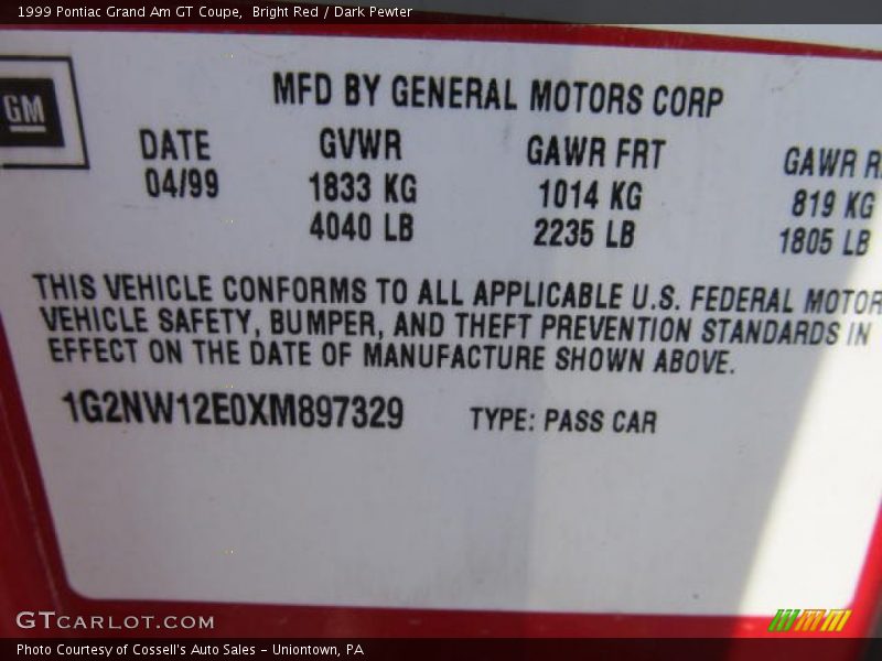 Bright Red / Dark Pewter 1999 Pontiac Grand Am GT Coupe