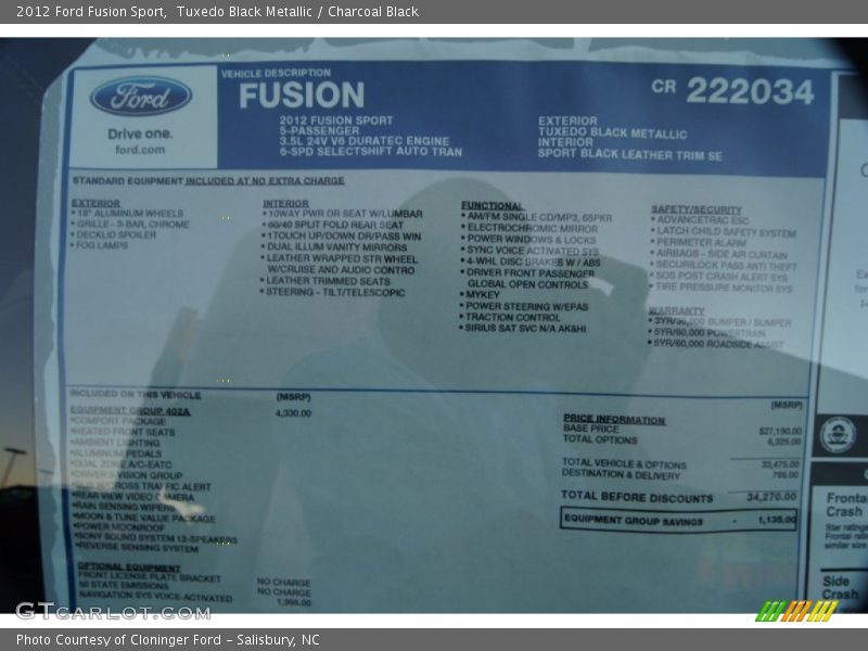  2012 Fusion Sport Window Sticker