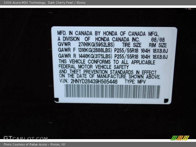 Dark Cherry Pearl / Ebony 2009 Acura MDX Technology