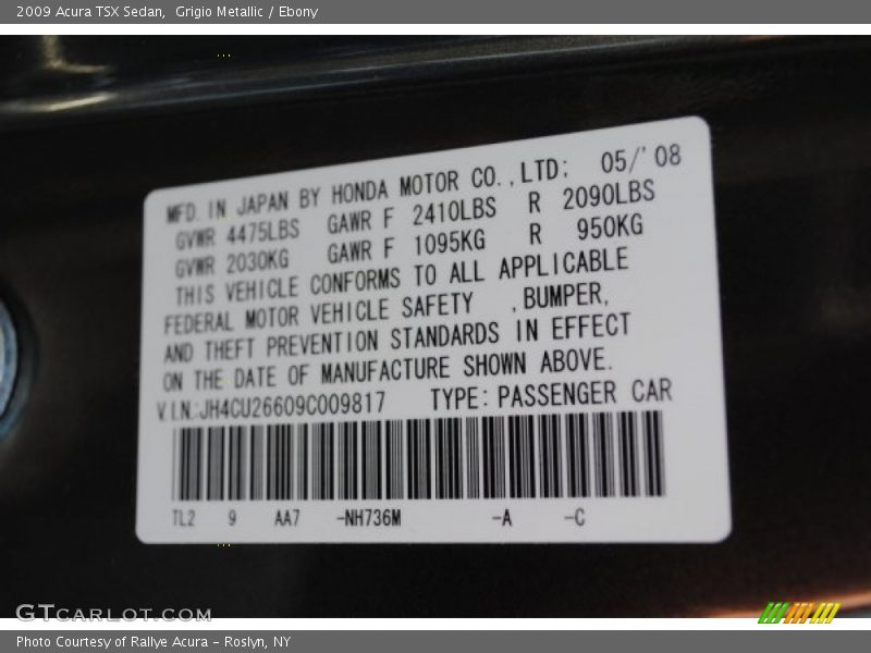 Grigio Metallic / Ebony 2009 Acura TSX Sedan