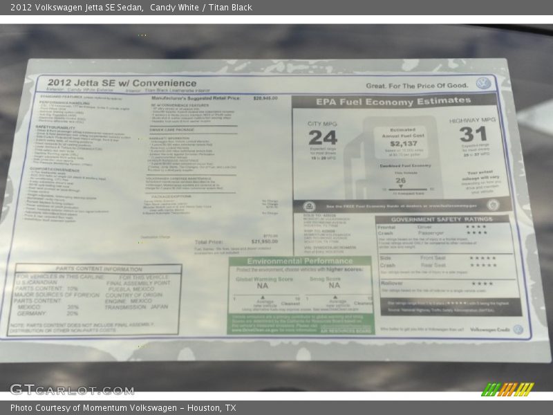 Candy White / Titan Black 2012 Volkswagen Jetta SE Sedan