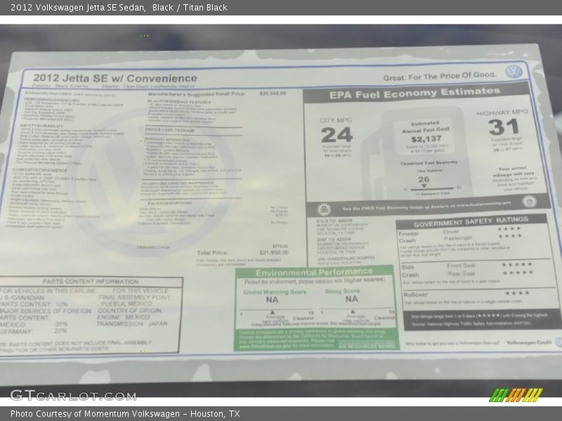 Black / Titan Black 2012 Volkswagen Jetta SE Sedan