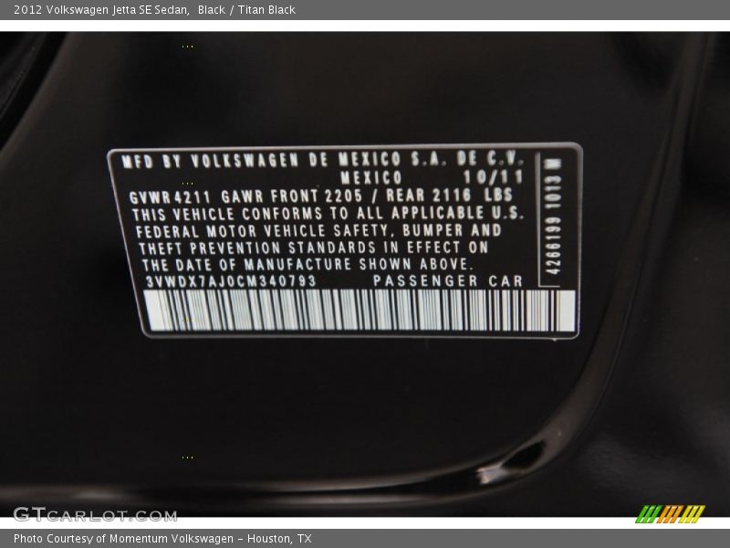 Black / Titan Black 2012 Volkswagen Jetta SE Sedan