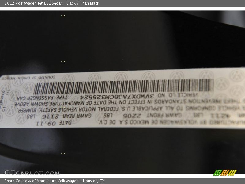 Black / Titan Black 2012 Volkswagen Jetta SE Sedan