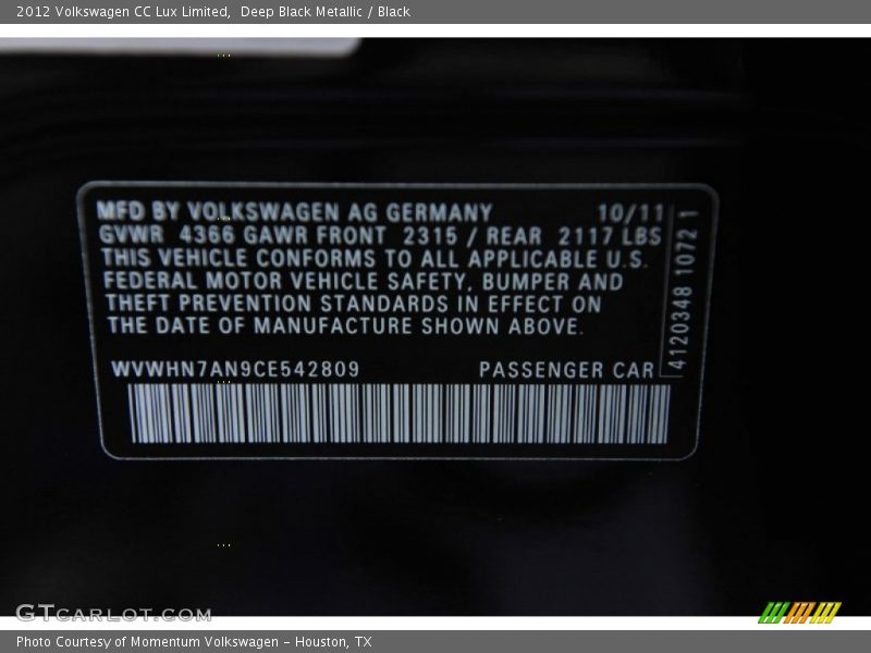 Deep Black Metallic / Black 2012 Volkswagen CC Lux Limited