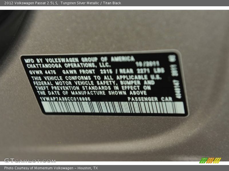 Tungsten Silver Metallic / Titan Black 2012 Volkswagen Passat 2.5L S