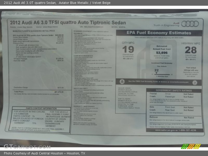  2012 A6 3.0T quattro Sedan Window Sticker