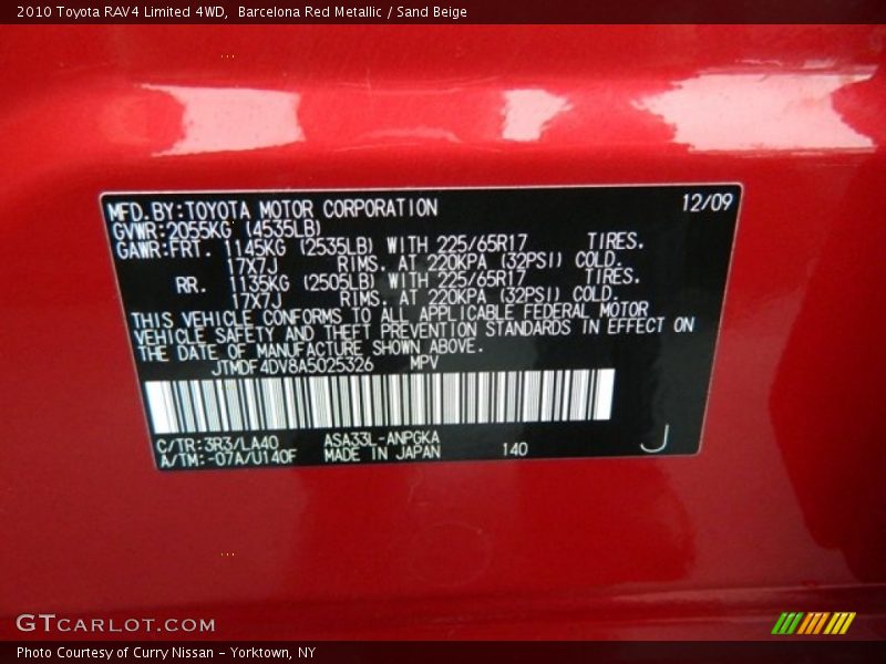 2010 RAV4 Limited 4WD Barcelona Red Metallic Color Code 3R3