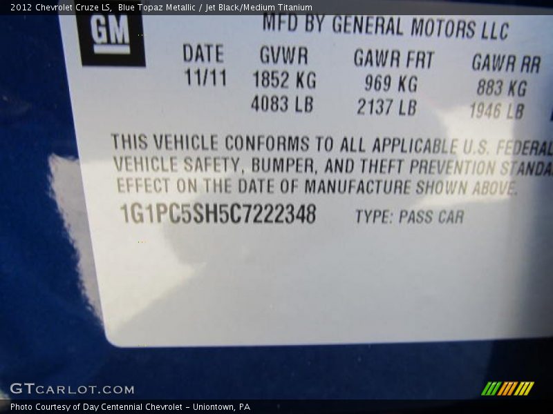Blue Topaz Metallic / Jet Black/Medium Titanium 2012 Chevrolet Cruze LS