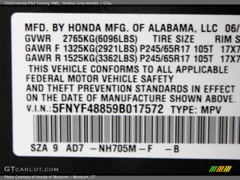 Nimbus Gray Metallic / Gray 2009 Honda Pilot Touring 4WD