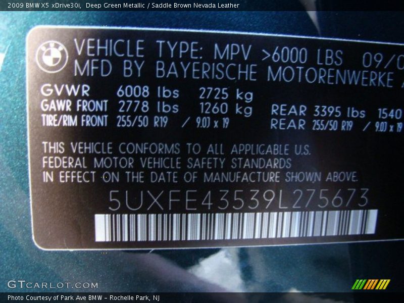 Deep Green Metallic / Saddle Brown Nevada Leather 2009 BMW X5 xDrive30i