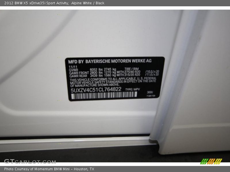 Alpine White / Black 2012 BMW X5 xDrive35i Sport Activity