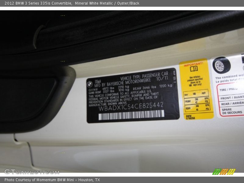 Info Tag of 2012 3 Series 335is Convertible