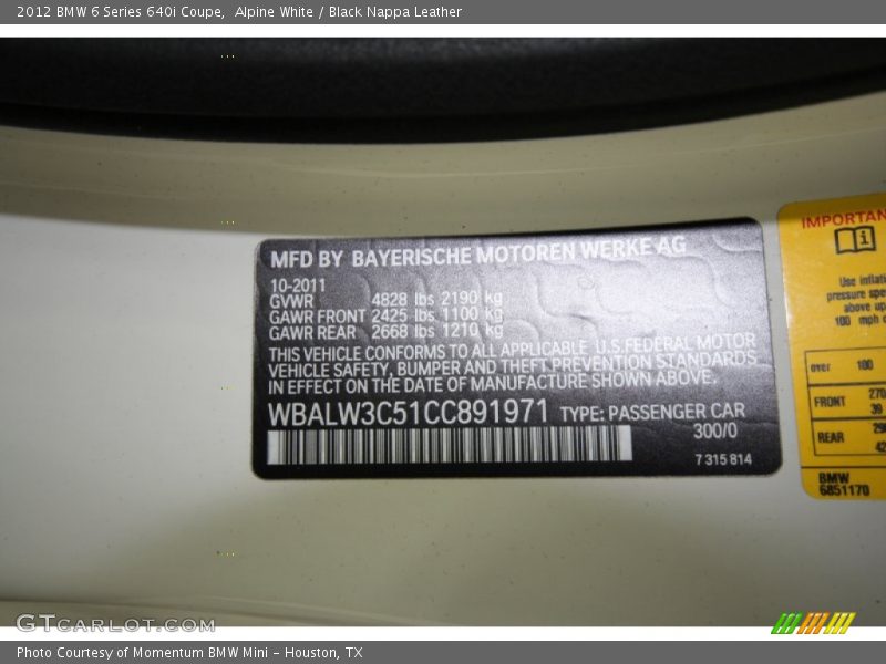 Alpine White / Black Nappa Leather 2012 BMW 6 Series 640i Coupe