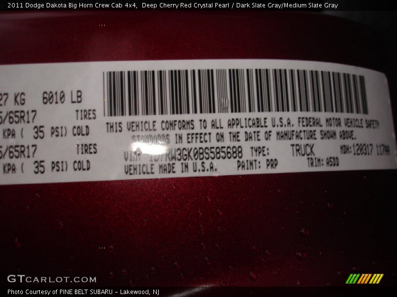 Deep Cherry Red Crystal Pearl / Dark Slate Gray/Medium Slate Gray 2011 Dodge Dakota Big Horn Crew Cab 4x4