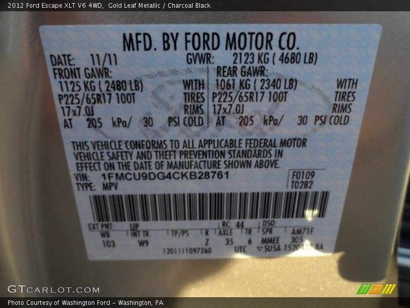 Gold Leaf Metallic / Charcoal Black 2012 Ford Escape XLT V6 4WD
