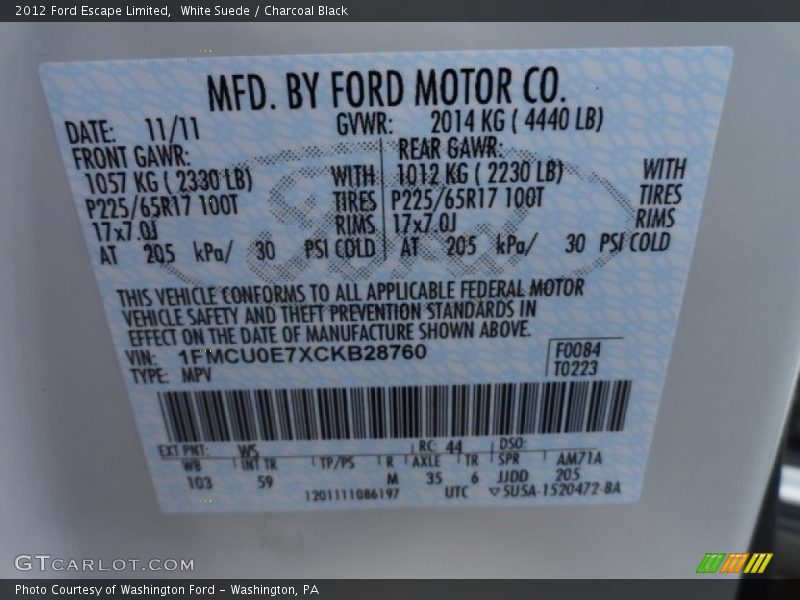 White Suede / Charcoal Black 2012 Ford Escape Limited