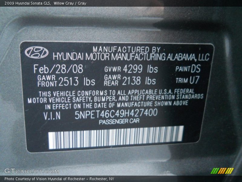 Willow Gray / Gray 2009 Hyundai Sonata GLS