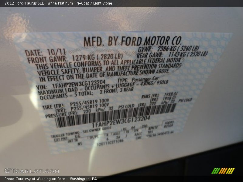 White Platinum Tri-Coat / Light Stone 2012 Ford Taurus SEL