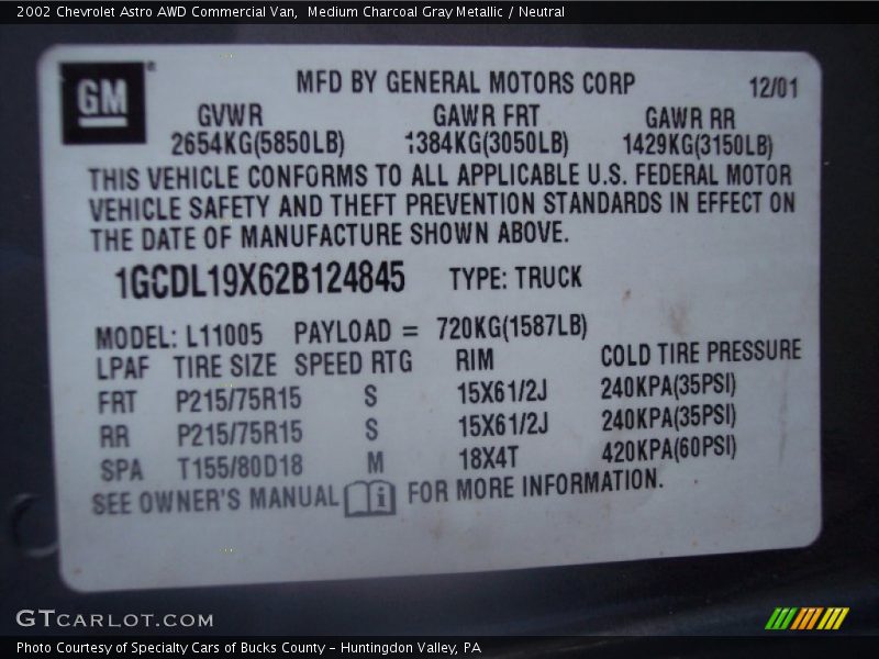 Info Tag of 2002 Astro AWD Commercial Van