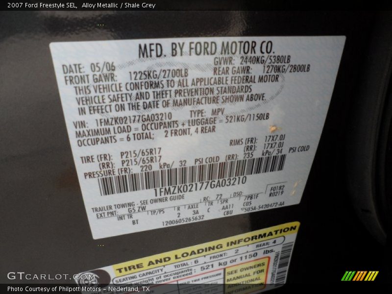 2007 Freestyle SEL Alloy Metallic Color Code G5
