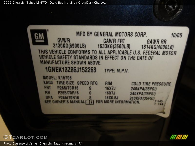 Dark Blue Metallic / Gray/Dark Charcoal 2006 Chevrolet Tahoe LS 4WD