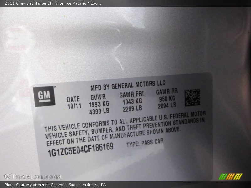 Silver Ice Metallic / Ebony 2012 Chevrolet Malibu LT