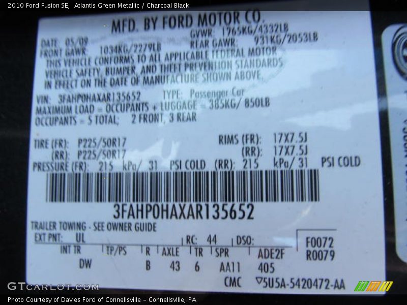 2010 Fusion SE Atlantis Green Metallic Color Code UL