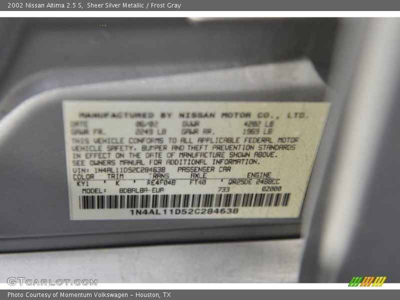 Sheer Silver Metallic / Frost Gray 2002 Nissan Altima 2.5 S
