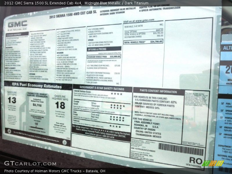  2012 Sierra 1500 SL Extended Cab 4x4 Window Sticker