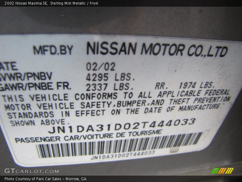 Sterling Mist Metallic / Frost 2002 Nissan Maxima SE