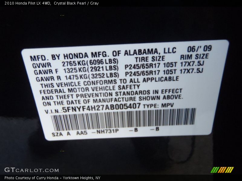 Crystal Black Pearl / Gray 2010 Honda Pilot LX 4WD