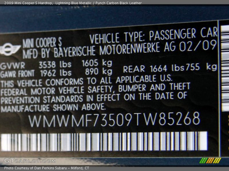 Lightning Blue Metallic / Punch Carbon Black Leather 2009 Mini Cooper S Hardtop