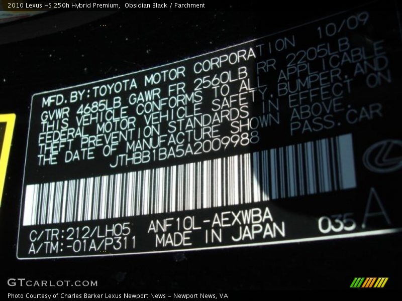 Obsidian Black / Parchment 2010 Lexus HS 250h Hybrid Premium