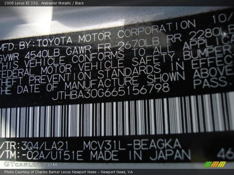 2006 ES 330 Alabaster Metallic Color Code 3Q4
