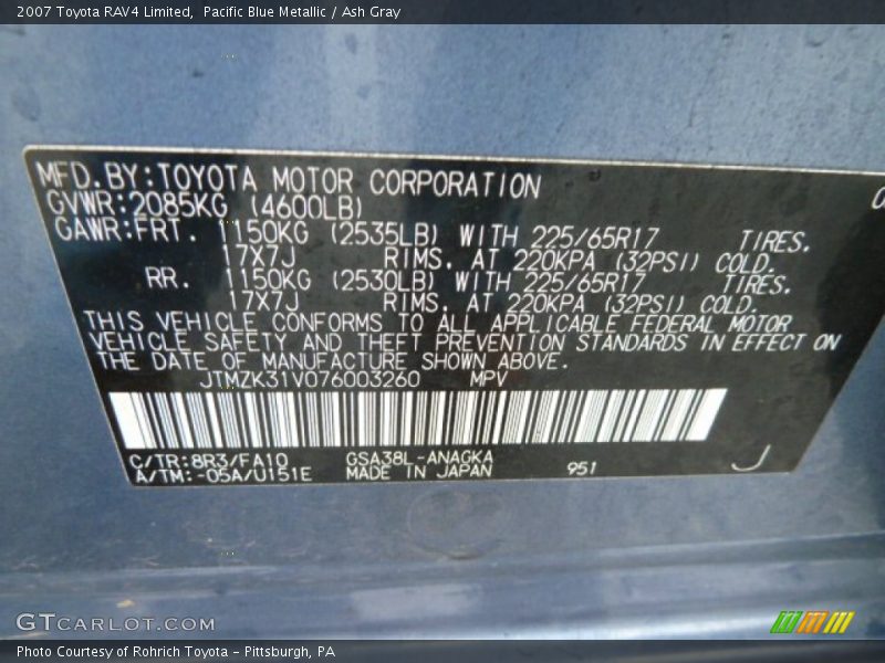 2007 RAV4 Limited Pacific Blue Metallic Color Code 8R3