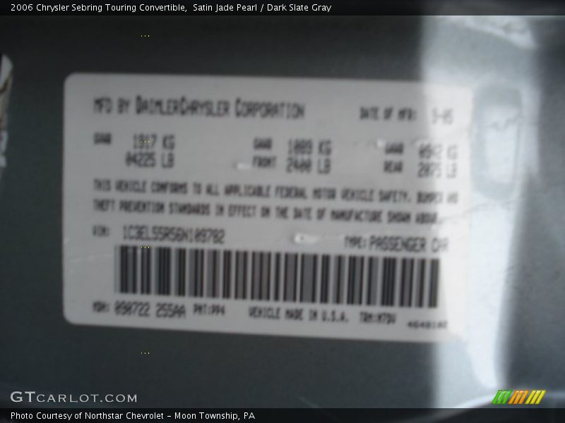 Satin Jade Pearl / Dark Slate Gray 2006 Chrysler Sebring Touring Convertible