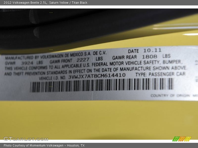 Saturn Yellow / Titan Black 2012 Volkswagen Beetle 2.5L