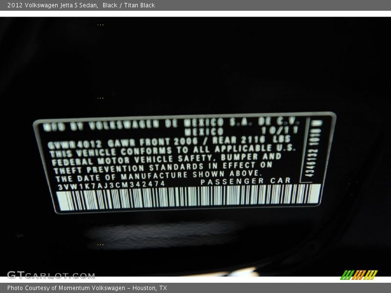 Black / Titan Black 2012 Volkswagen Jetta S Sedan