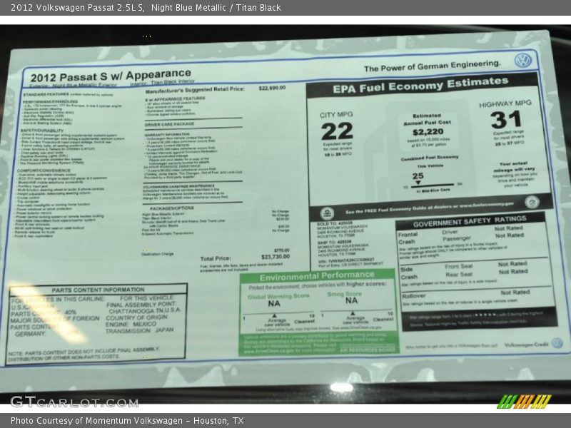  2012 Passat 2.5L S Window Sticker