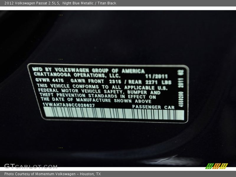 Night Blue Metallic / Titan Black 2012 Volkswagen Passat 2.5L S