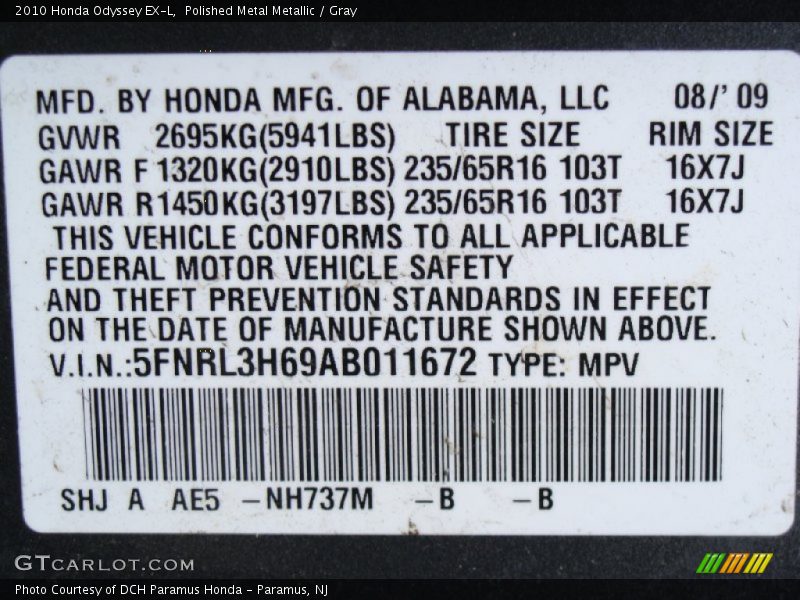 Polished Metal Metallic / Gray 2010 Honda Odyssey EX-L