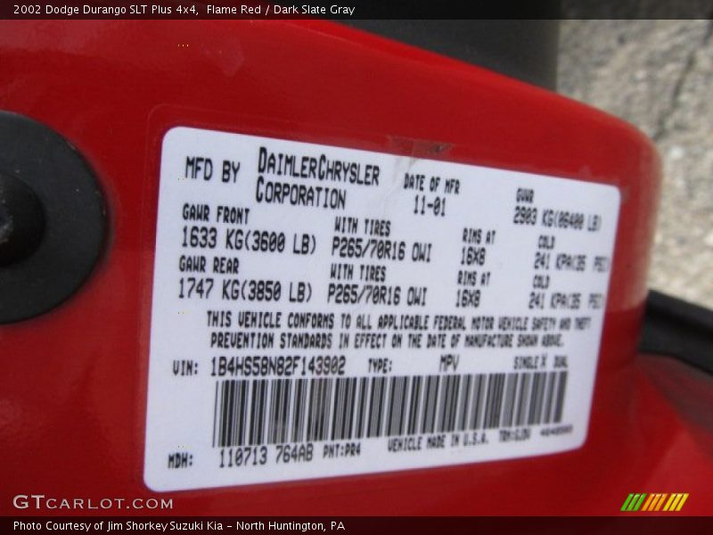 2002 Durango SLT Plus 4x4 Flame Red Color Code PR4