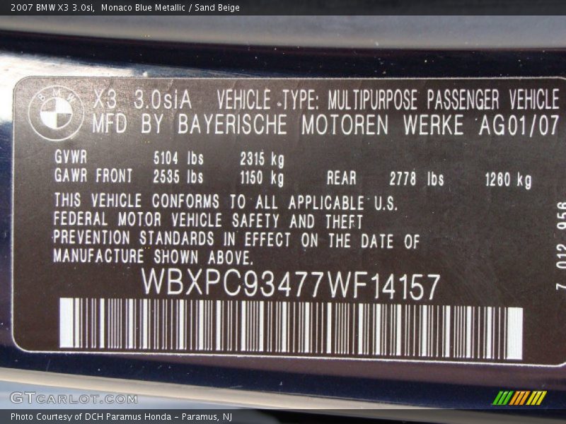 Monaco Blue Metallic / Sand Beige 2007 BMW X3 3.0si