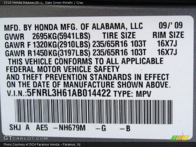 Slate Green Metallic / Gray 2010 Honda Odyssey EX-L